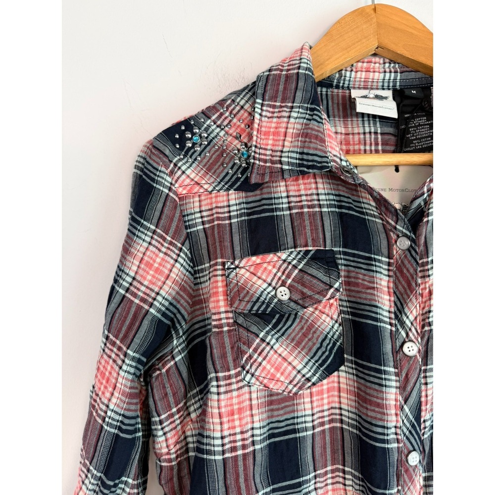 Harley Davidson Womens Plaid Embroidered Studs Shirt Medium Biker Moto - Picture 3 of 11